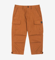 mens wearing camouflage jogger pants with elastic waist and side buttons, styled for a casual streetwear look.