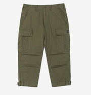 mens wearing camouflage jogger pants with elastic waist and side buttons, styled for a casual streetwear look.