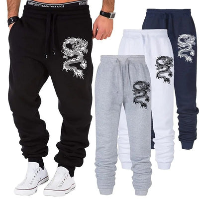 mens fashion casual dragon jogger pants with elastic waist and side buttons, styled for a casual streetwear look.