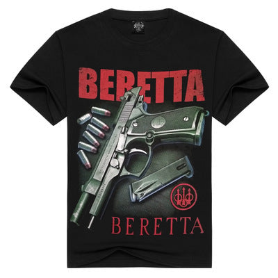  A shirt featuring the repeated text "beretta beretta" prominently displayed across the front.