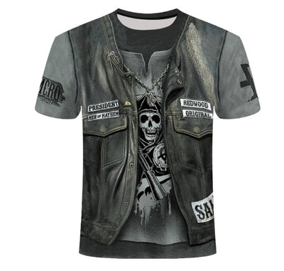  A black t-shirt featuring a prominent skull design, paired with a rugged leather vest for a bold, edgy look.  2. A stylish t-shirt adorned with a skull graphic, complemented by a classic leather vest, embodying a rebellious aesthetic.  3. A graphic t-shirt showcasing a skull, layered with a sleek leather vest, perfect for a striking and fashionable appearance.