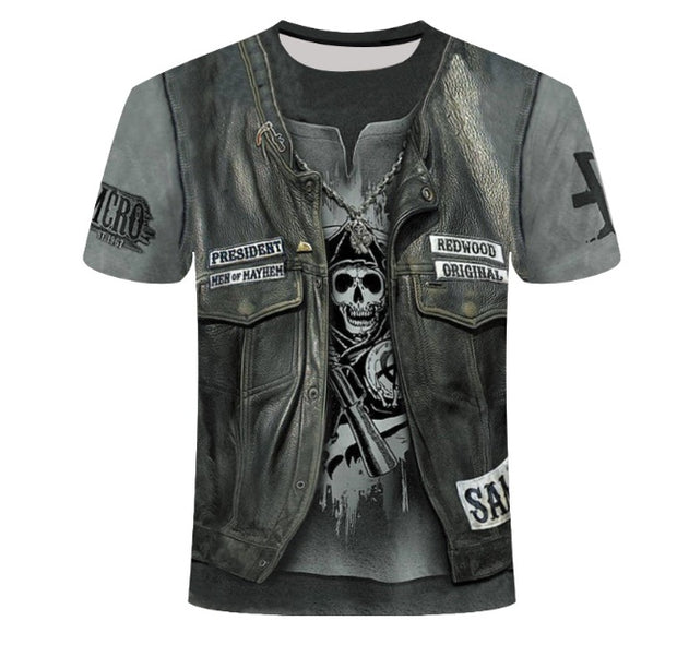  A black t-shirt featuring a prominent skull design, paired with a rugged leather vest for a bold, edgy look.  2. A stylish t-shirt adorned with a skull graphic, complemented by a classic leather vest, embodying a rebellious aesthetic.  3. A graphic t-shirt showcasing a skull, layered with a sleek leather vest, perfect for a striking and fashionable appearance.