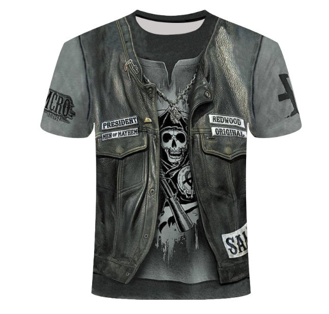  A black t-shirt featuring a prominent skull design, paired with a rugged leather vest for a bold, edgy look.  2. A stylish t-shirt adorned with a skull graphic, complemented by a classic leather vest, embodying a rebellious aesthetic.  3. A graphic t-shirt showcasing a skull, layered with a sleek leather vest, perfect for a striking and fashionable appearance.