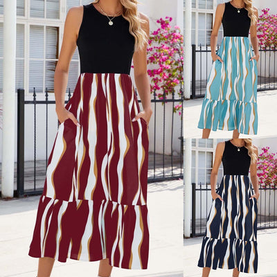 View details for Round Neck Sleeveless Long Dress Summer Fashion Striped Print Dresses Womens Clothing 