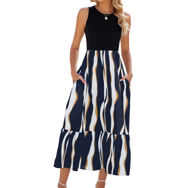 View details for Round Neck Sleeveless Long Dress Summer Fashion Striped Print Dresses Womens Clothing