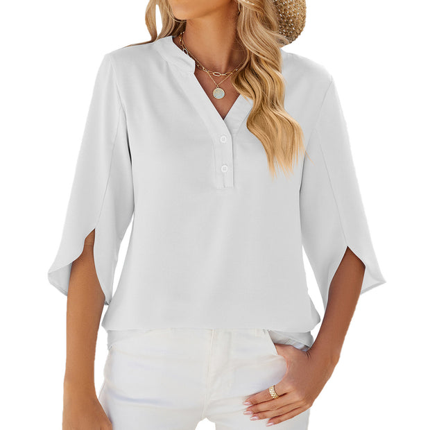 View details for Button V-neck Mid-sleeve Chiffon Shirt Solid Color Top Womens Clothing