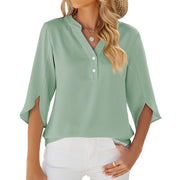 View details for Button V-neck Mid-sleeve Chiffon Shirt Solid Color Top Womens Clothing