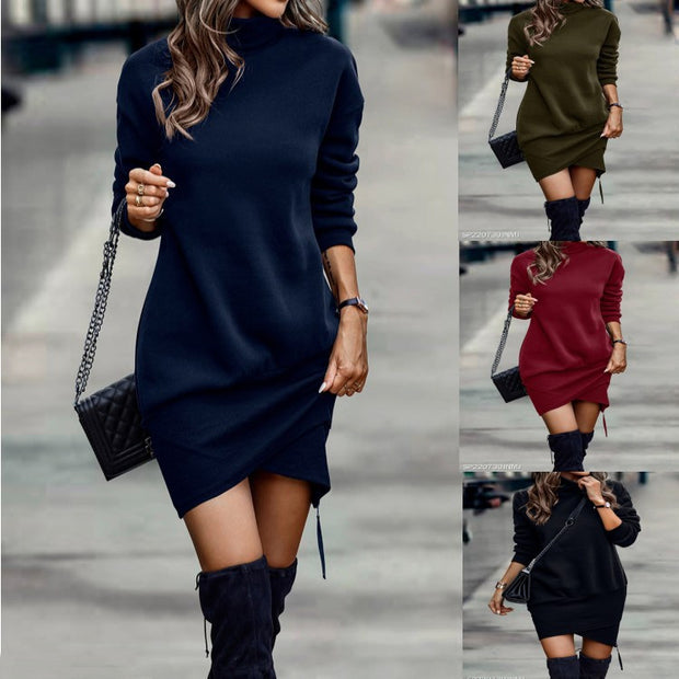 View details for Long Sleeve Dress Solid Color High Neck Cross Short Dress Womens Clothing