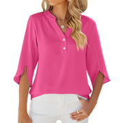 View details for Button V-neck Mid-sleeve Chiffon Shirt Solid Color Top Womens Clothing