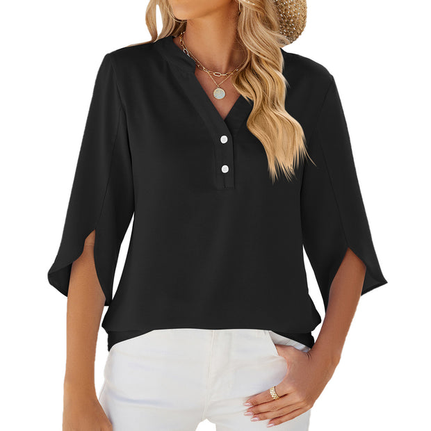 View details for Button V-neck Mid-sleeve Chiffon Shirt Solid Color Top Womens Clothing