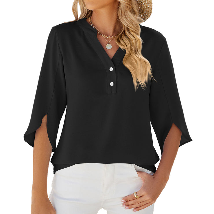 View details for Button V-neck Mid-sleeve Chiffon Shirt Solid Color Top Womens Clothing