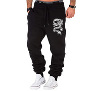 mens fashion casual dragon jogger pants with elastic waist and side buttons, styled for a casual streetwear look.