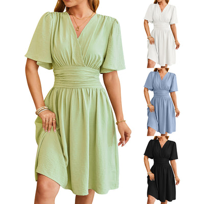 View details for V-neck Short-sleeved Dress Fashion Bell-sleeved Dress Summer Womens Clothing
