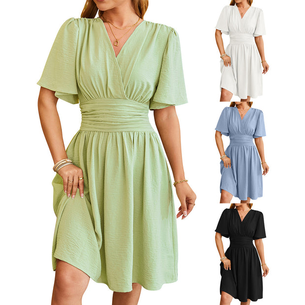 View details for V-neck Short-sleeved Dress Fashion Bell-sleeved Dress Summer Womens Clothing