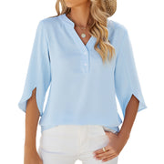 View details for Button V-neck Mid-sleeve Chiffon Shirt Solid Color Top Womens Clothing