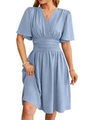 View details for V-neck Short-sleeved Dress Fashion Bell-sleeved Dress Summer Womens Clothing