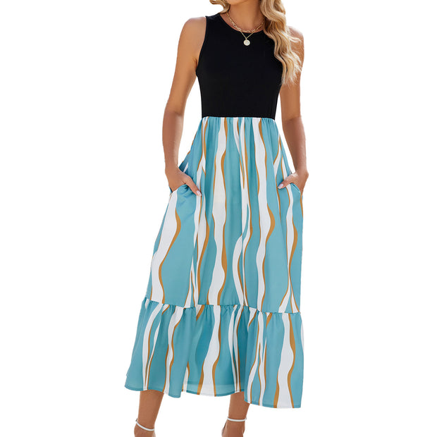 View details for Round Neck Sleeveless Long Dress Summer Fashion Striped Print Dresses Womens Clothing