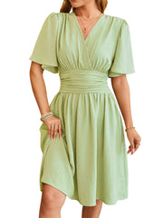 View details for V-neck Short-sleeved Dress Fashion Bell-sleeved Dress Summer Womens Clothing
