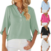 View details for Button V-neck Mid-sleeve Chiffon Shirt Solid Color Top Womens Clothing 