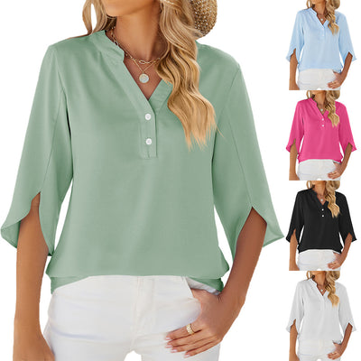 View details for Button V-neck Mid-sleeve Chiffon Shirt Solid Color Top Womens Clothing 